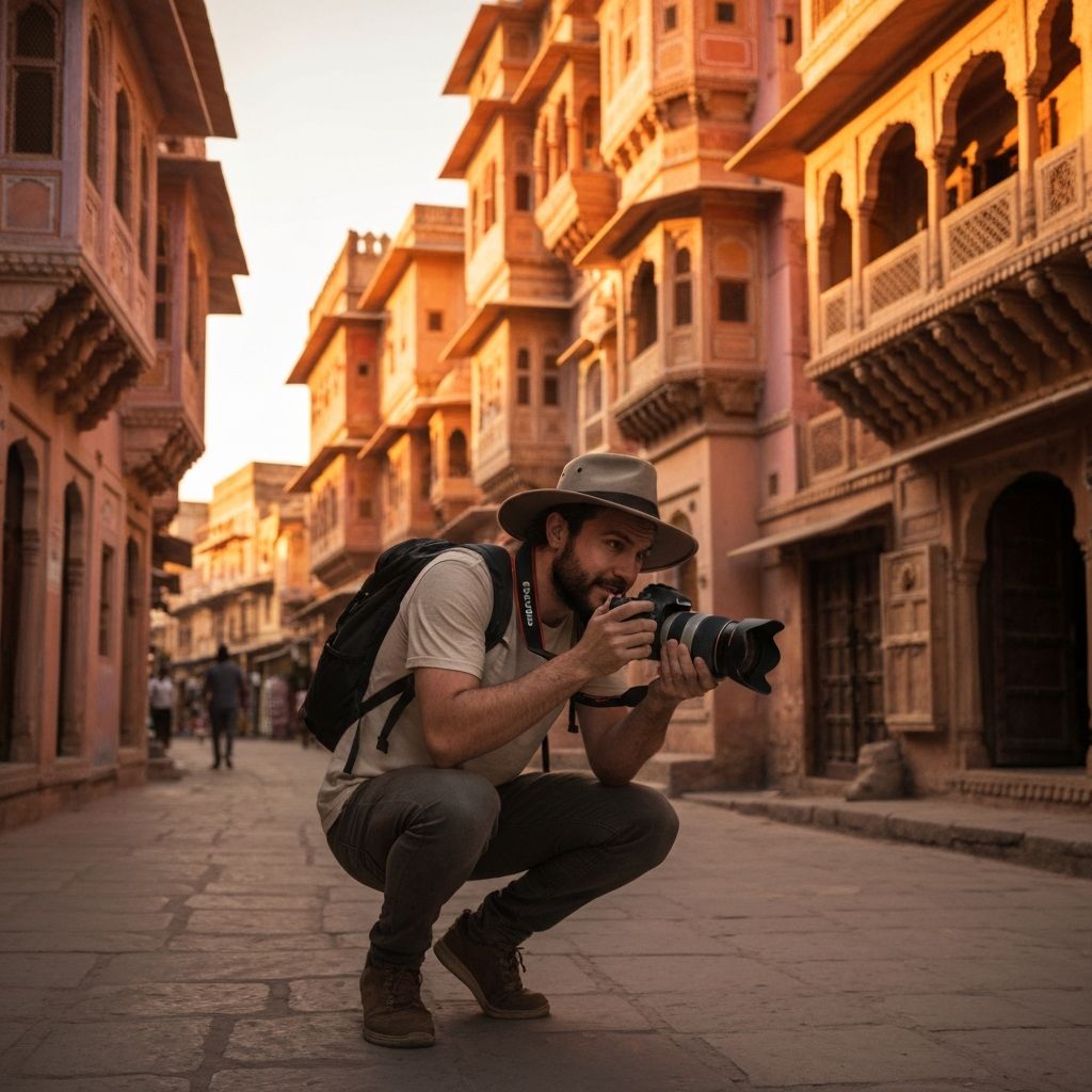 Traveler exploring the colorful streets of Rajasthan with camera