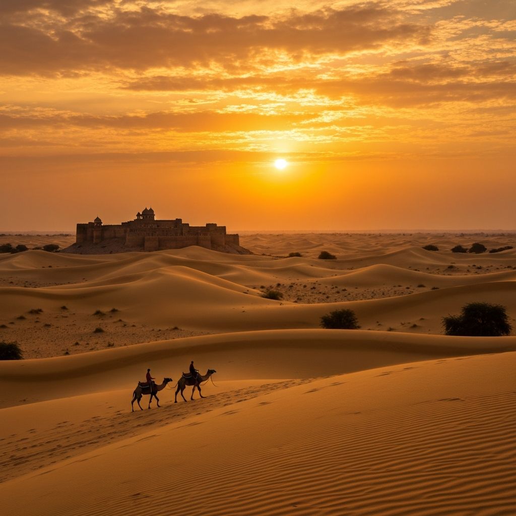 Golden sand dunes of Rajasthan desert at sunset with camel caravan