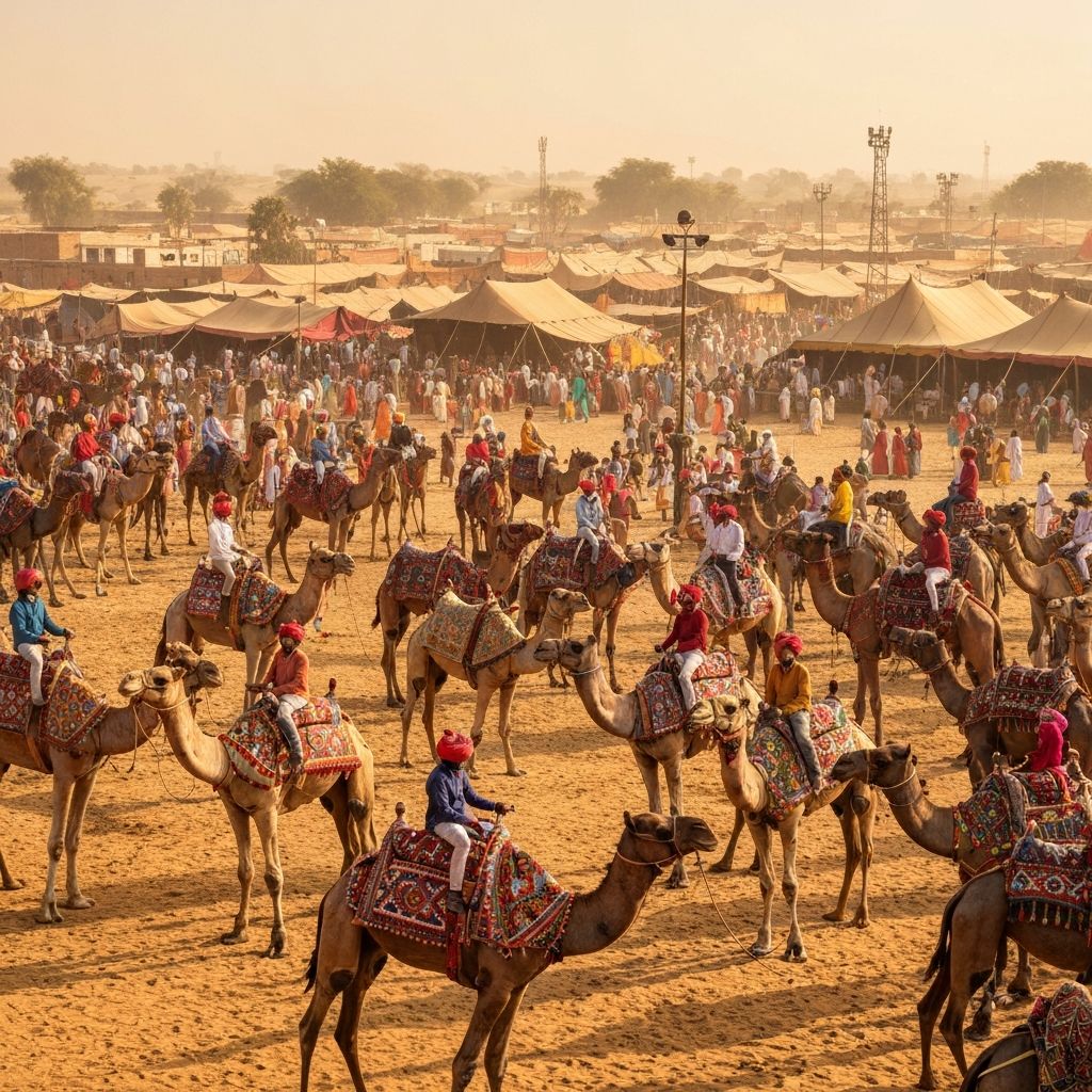 Sacred lake town with vibrant camel fair